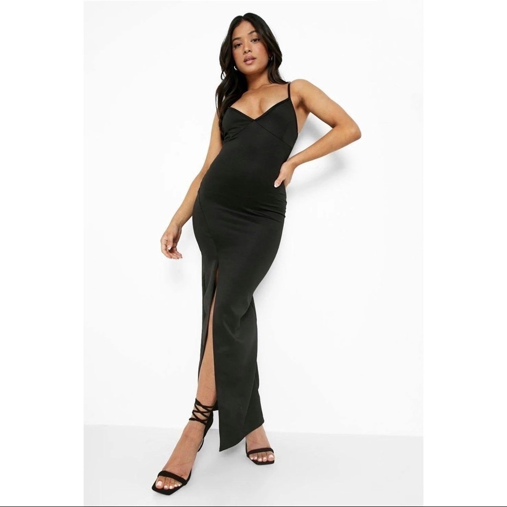 Boohoo Black Plunge Split Maxi Strappy Back Dress